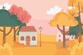 Landscape in autumn nature scene, houses bicycle lamp post trees forest meadow