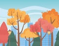 Landscape in autumn nature scene, park trees lamps and cityscape