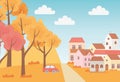 Landscape in autumn nature scene, suburban houses car trees grass sky cartoon