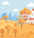 Landscape in autumn nature scene, suburban houses in hill trees and urban building background Royalty Free Stock Photo