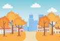 Landscape in autumn nature scene, suburban houses trees pathway and cityscape urban background