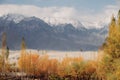 Landscape autumn scene of snow capped mountains and Katpana desert in Skardu. Pakistan. Royalty Free Stock Photo