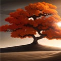Landscape background. Autumn orange big crooked tree on the hill alonePlant