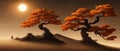 Landscape background. Autumn orange big crooked tree on hill alonePlant Art