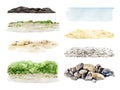 Landscape background element collection. Green grass, sandy, water, pebble, soil ground watercolor illustration set