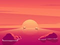 Landscape background. Evening or morning view Cartoon vector illustration. Sunset or sunrise in ocean, nature pink clouds flying Royalty Free Stock Photo