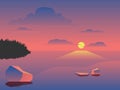 Landscape background. Evening or morning view Cartoon vector illustration. Sunset or sunrise in ocean, nature pink clouds flying Royalty Free Stock Photo