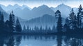 Landscape background with forest lake and rain. Pine tree and mountain scenery beautiful summer illustration. Outdoor Royalty Free Stock Photo