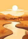 View illustration hill travel background nature water mountain landscape sunset summer sky river Royalty Free Stock Photo