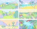 Landscape background, outdoor nature in flat style, forest trees and ocean beach, vector illustration Royalty Free Stock Photo