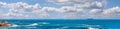 Landscape banner of a scenic ocean view in Camps Bay, Cape Town in South Africa. Panoramic scenery of the beach and Royalty Free Stock Photo