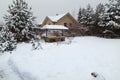 Landscape with barbeque area, snowbanks of white snow, pine trees in country garden.