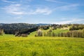 Landscape in Bavarian forest with view to the radio tower  Brotjacklriegel  with a flower meadow in the foreground, Germany. Royalty Free Stock Photo