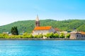 Landscape of the Bay of Kotor coastline with view to The Our Lady of Mercy Royalty Free Stock Photo