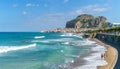 Landscape with beach and medieval Cefalu town, Sicily island Royalty Free Stock Photo