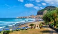 Landscape with beach and medieval Cefalu town on Sicily island, Italy Royalty Free Stock Photo