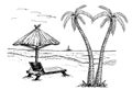 Landscape with a beach sketch. palms, chaise longue, parasol and yachts Royalty Free Stock Photo