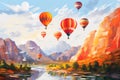 Landscape with beautiful balloons. Impressionism style oil painting