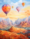 Landscape with beautiful balloons. Impressionism style oil painting