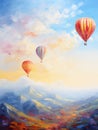 Landscape with beautiful balloons. Impressionism style oil painting