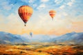 Landscape with beautiful balloons. Impressionism style oil painting