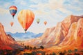 Landscape with beautiful balloons. Impressionism style oil painting