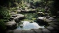 Landscape of beautiful calm fish pond area full with verdant nature, serene green tree, peaceful and tranquil scene Royalty Free Stock Photo