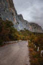 Landscape with beautiful empty mountain road , high rocks, trees and cloudy sky Royalty Free Stock Photo