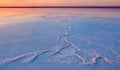 Landscape beautiful golden sunset red sky solt lake saline Elton Baskunchak. The sun sets behind the horizon Royalty Free Stock Photo