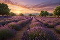 A landscape of a beautiful lavender garden at sunset