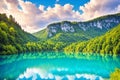 Landscape with beautiful luxuriant nature, lake and blue sky with clouds at \