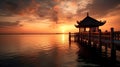 Landscape of beautiful pier at sunset, reflecting the sea and sky in tranquil scenery, oriental architecture Royalty Free Stock Photo