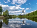 Landscape with a beautiful river in spring, cloud reflections in the water