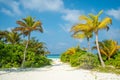 Landscape of the beautiful tropical beach with palm trees, ocean, sand at the island Royalty Free Stock Photo