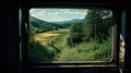 Landscape beautiful view out of window from riding train among summer nature with hills Royalty Free Stock Photo