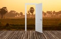 Landscape behind the opening door,3D Royalty Free Stock Photo