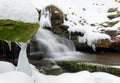 Landscape from Beskydy mountains, mountain creek and waterfall Bystry, Winter forest with waterfall and a lot of white frost snow Royalty Free Stock Photo