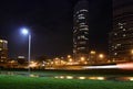 Landscape of a big city at night with lights and high-rise buildings. Moscow, Russia, Rostokino district Royalty Free Stock Photo