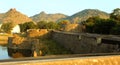 A landscape of the big fort battlement and large wall at vellore fort with sunset Royalty Free Stock Photo