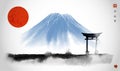 Landscape with big red sun, symbol of Japan, Fujiyama mountain and sacred torii gates. Traditional oriental ink painting Royalty Free Stock Photo