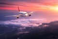Landscape with big white airplane is flying in the red sky Royalty Free Stock Photo