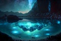 Landscape Bioluminescence glowing plankton in water, fantasy luminescent algae in mountain lake at night, stunningly beautiful Royalty Free Stock Photo