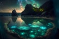 Landscape Bioluminescence glowing plankton in water, fantasy luminescent algae in mountain lake at night, stunningly beautiful Royalty Free Stock Photo