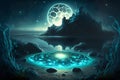 Landscape Bioluminescence glowing plankton in water, fantasy luminescent algae in mountain lake at night, stunningly beautiful Royalty Free Stock Photo