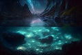 Landscape Bioluminescence glowing plankton in water, fantasy luminescent algae in mountain lake at night, stunningly beautiful Royalty Free Stock Photo