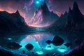 Landscape Bioluminescence glowing plankton in water, fantasy luminescent algae in mountain lake at night, stunningly beautiful Royalty Free Stock Photo