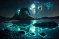 Landscape Bioluminescence glowing plankton in water, fantasy luminescent algae in mountain lake at night, stunningly beautiful Royalty Free Stock Photo