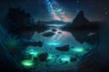 Landscape Bioluminescence glowing plankton in water, fantasy luminescent algae in mountain lake at night, stunningly beautiful Royalty Free Stock Photo