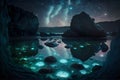 Landscape Bioluminescence glowing plankton in water, fantasy luminescent algae in mountain lake at night, stunningly beautiful