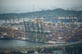 Landscape from bird view of Cargo ships entering one of the busiest ports in the world, Singapore. Royalty Free Stock Photo